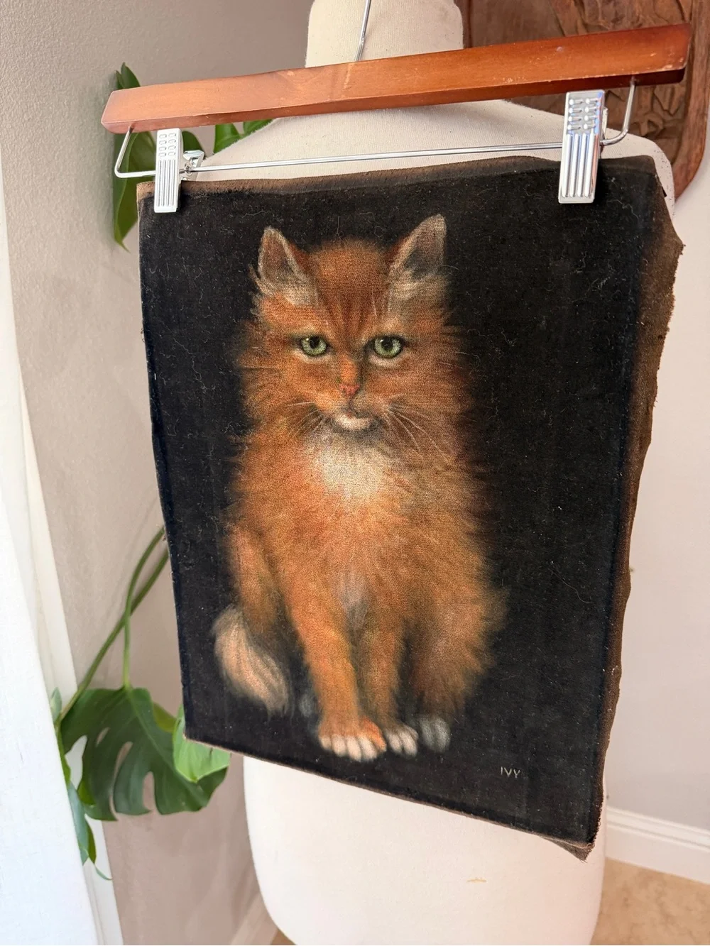 Vintage Signed IVY Orange Tabby Cat Portrait Black Velvet Textile Art